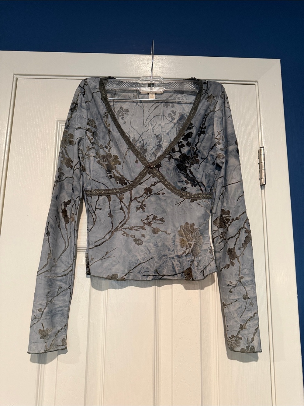 Floral Burnout V-Neck Long Sleeve Top - Light Blue